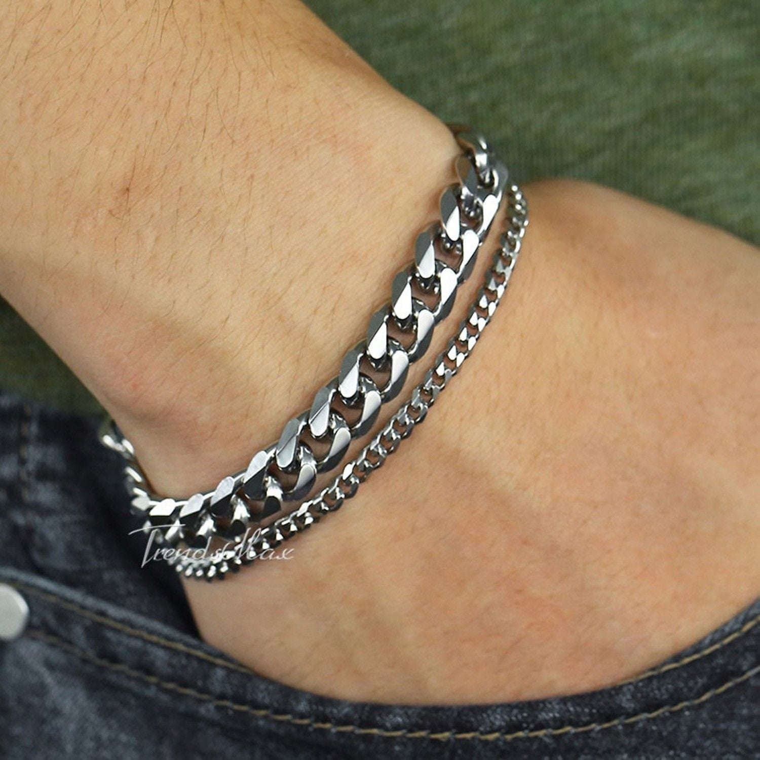 Layered Silver 316L Stainless Steel Curb Popcorn Chain Bracelet Men