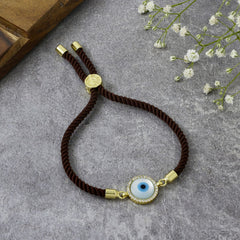Turkish Evil Eye Baguette Gold Brown Cubic Zirconia Thread Bracelet