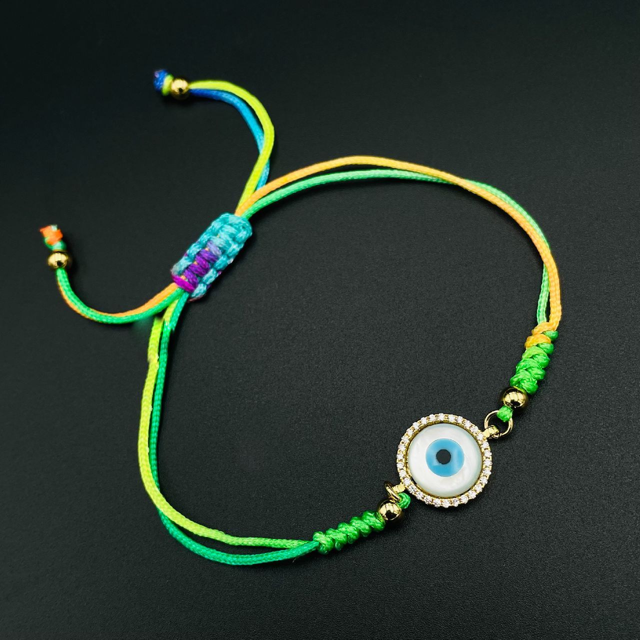 Copper American Diamonds Multicolour Gold Evil Eye Charms Adjustable Threads Bracelet For Women Girls