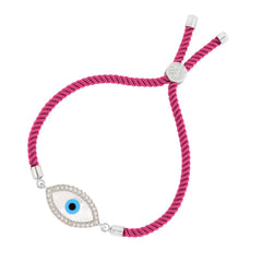 Oval Evil Eye Mother Of Pearl Cz Silver Pink Thread Bracelet