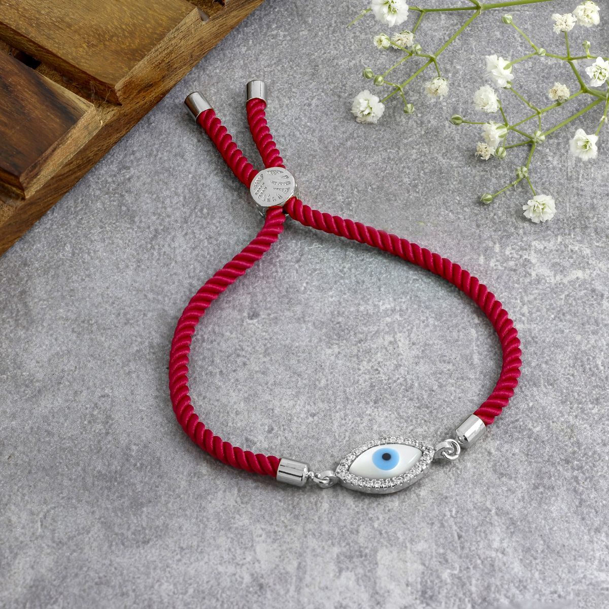 Oval Evil Eye Mother Of Pearl Cz Silver Pink Thread Bracelet
