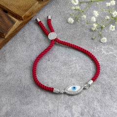 Oval Evil Eye Mother Of Pearl Cz Silver Pink Thread Bracelet