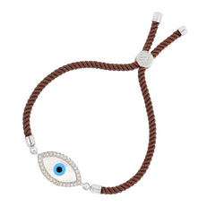 Oval Evil Eye Mother Of Pearl Cz Silver Brown Thread Bracelet