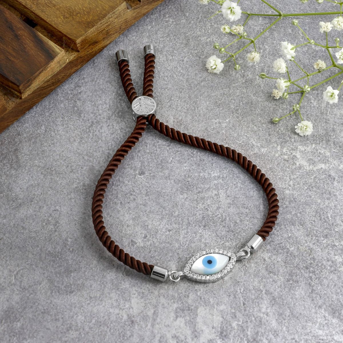 Oval Evil Eye Mother Of Pearl Cz Silver Brown Thread Bracelet