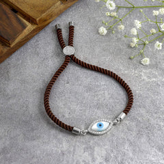Oval Evil Eye Mother Of Pearl Cz Silver Brown Thread Bracelet