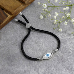 Oval Evil Eye Mother Of Pearl Cz Silver Black Thread Bracelet