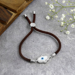 Evil Eye Hamsa Mother Of Pearl Silver Brown Cz Thread Bracelet