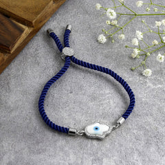 Evil Eye Hamsa Mother Of Pearl Silver Blue Cz Thread Bracelet