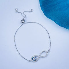 Silver Blue Evil Eye Nazariya Infinity Cubic Zirconia American Diamond Adjustable Slider Bracelet