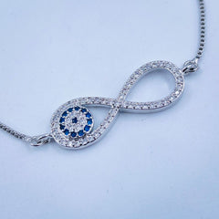 Silver Blue Evil Eye Nazariya Infinity Cubic Zirconia American Diamond Adjustable Slider Bracelet