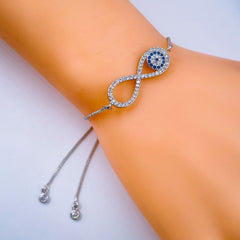 Silver Blue Evil Eye Nazariya Infinity CZ Slider Bracelet