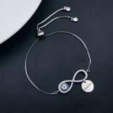 Evil Eye Infinity Silver Cubic Zirconia Medallion Charm Adjustable Slider Bracelet Women