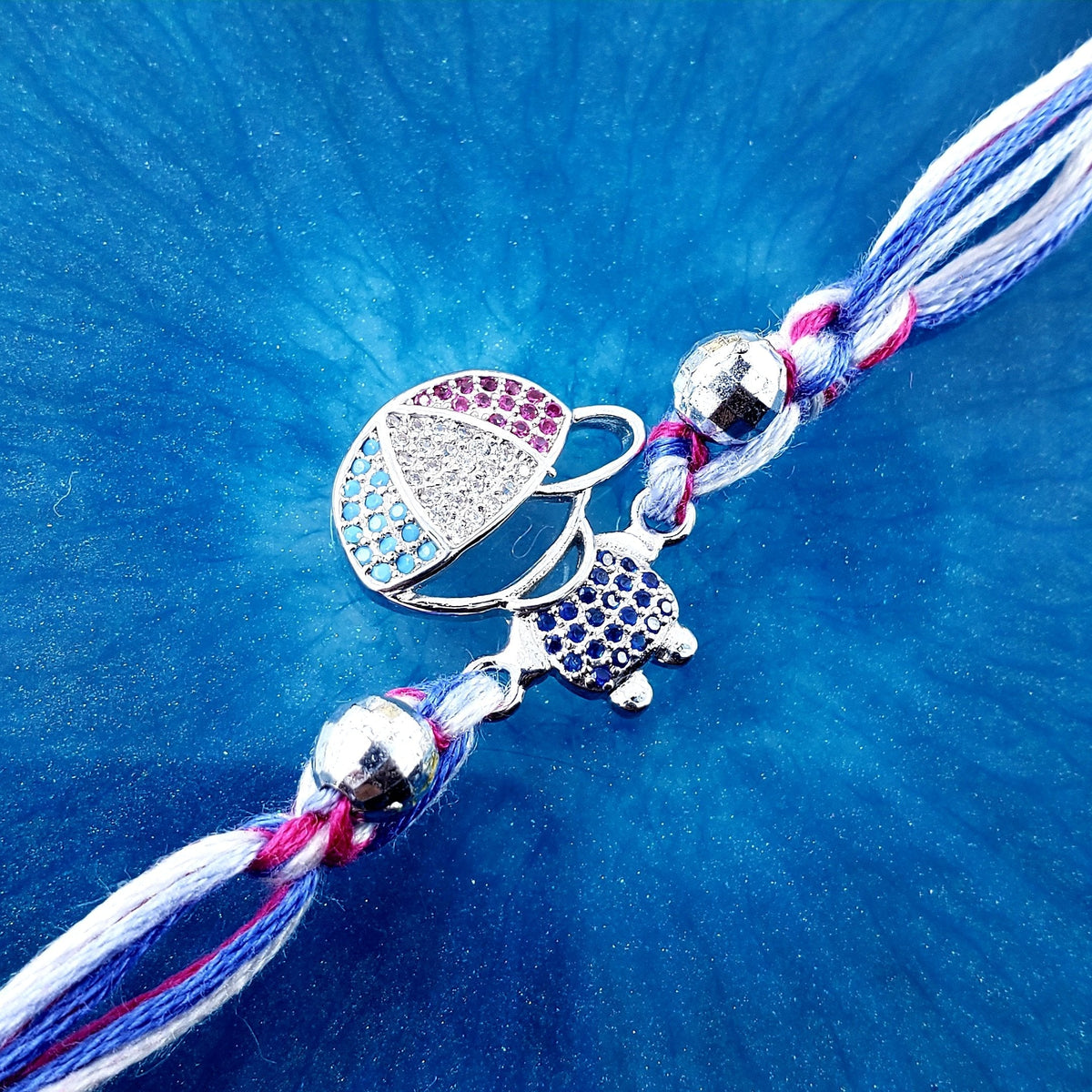 Baby Boy Silver Pink Blue Crystal CZ Thread Rakhi