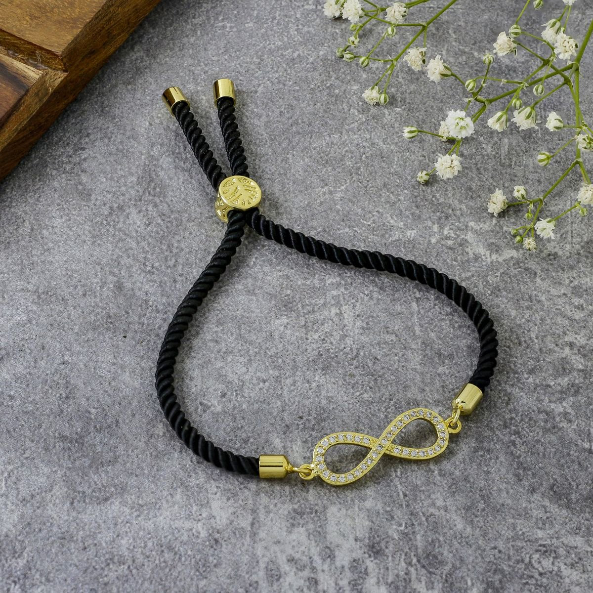 Infinity 18K Gold Black Cubic Zirconia Adjustable Thread Bracelet