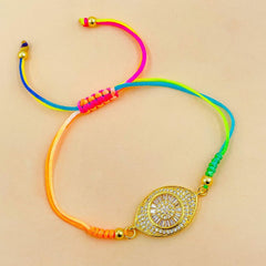 Evil Eye Copper Gold Baguette Cubic Zirconia Thread adjustable Bracelet For Women