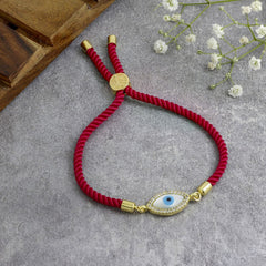 Oval Evil Eye Mother Of Pearl Cubic Zirconia Gold Pink Thread Bracelet