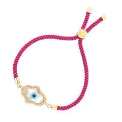 Evil Eye Hamsa Mother Of Pearl 18K Gold Pink Cz Thread Bracelet