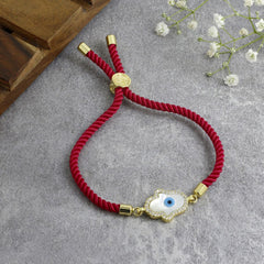 Evil Eye Hamsa Mother Of Pearl 18K Gold Pink Cz Thread Bracelet