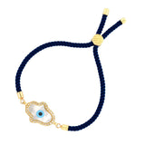 Evil Eye Hamsa Mother Of Pearl 18K Gold Blue Cz Thread Bracelet