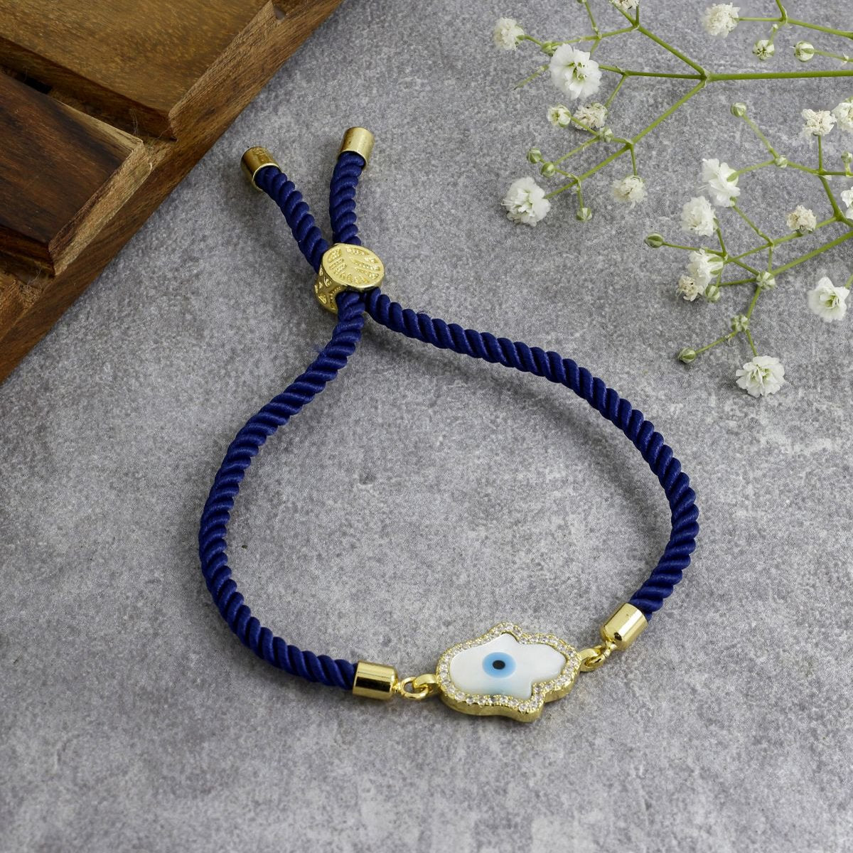 Evil Eye Hamsa Mother Of Pearl 18K Gold Blue Cz Thread Bracelet