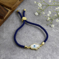 Evil Eye Hamsa Mother Of Pearl 18K Gold Blue Cz Thread Bracelet