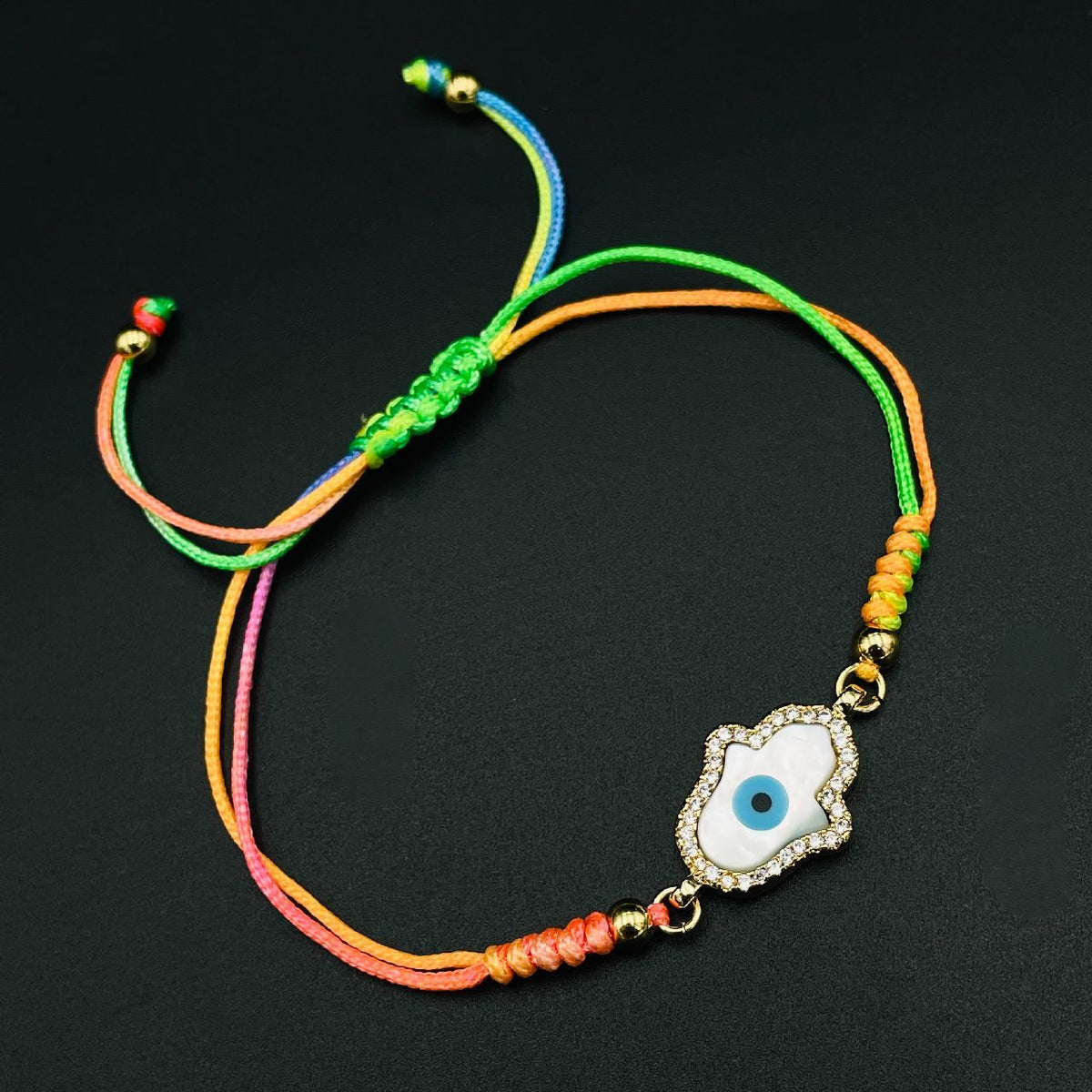 Copper American Diamonds Multicolour Gold Hamsa Evil Eye Charms Adjustable Threads Bracelet For Women Girls