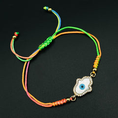 Copper American Diamonds Multicolour Gold Hamsa Evil Eye Charms Adjustable Threads Bracelet For Women Girls
