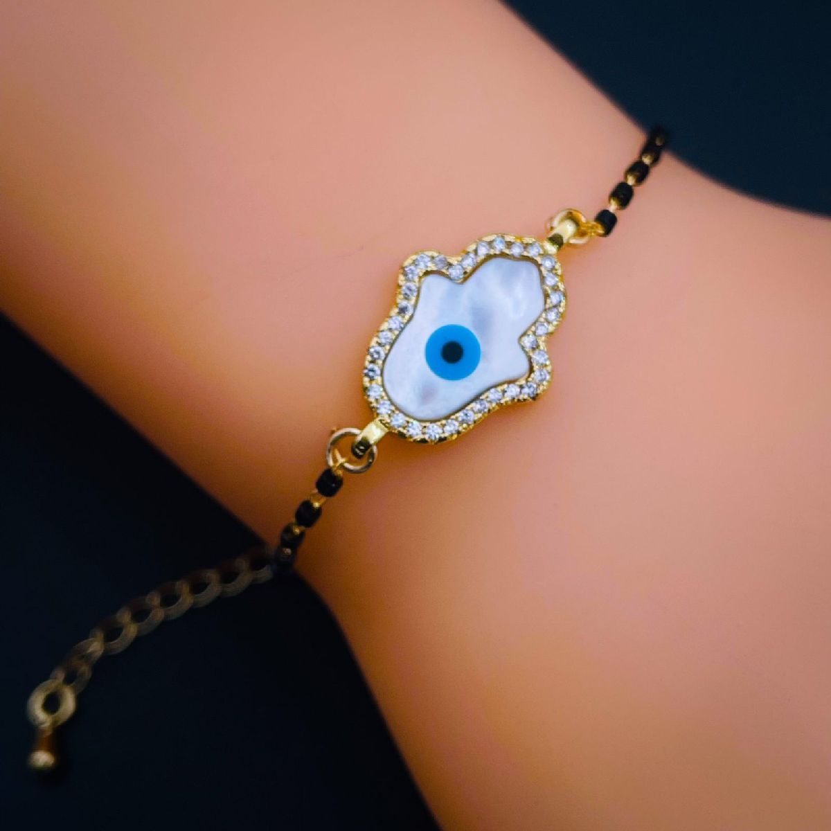 Zivom Hamsa Hand Evil Eye Mother Of Pearl Zircon 22K Gold Hand Mangalsutra Bracelet For Women