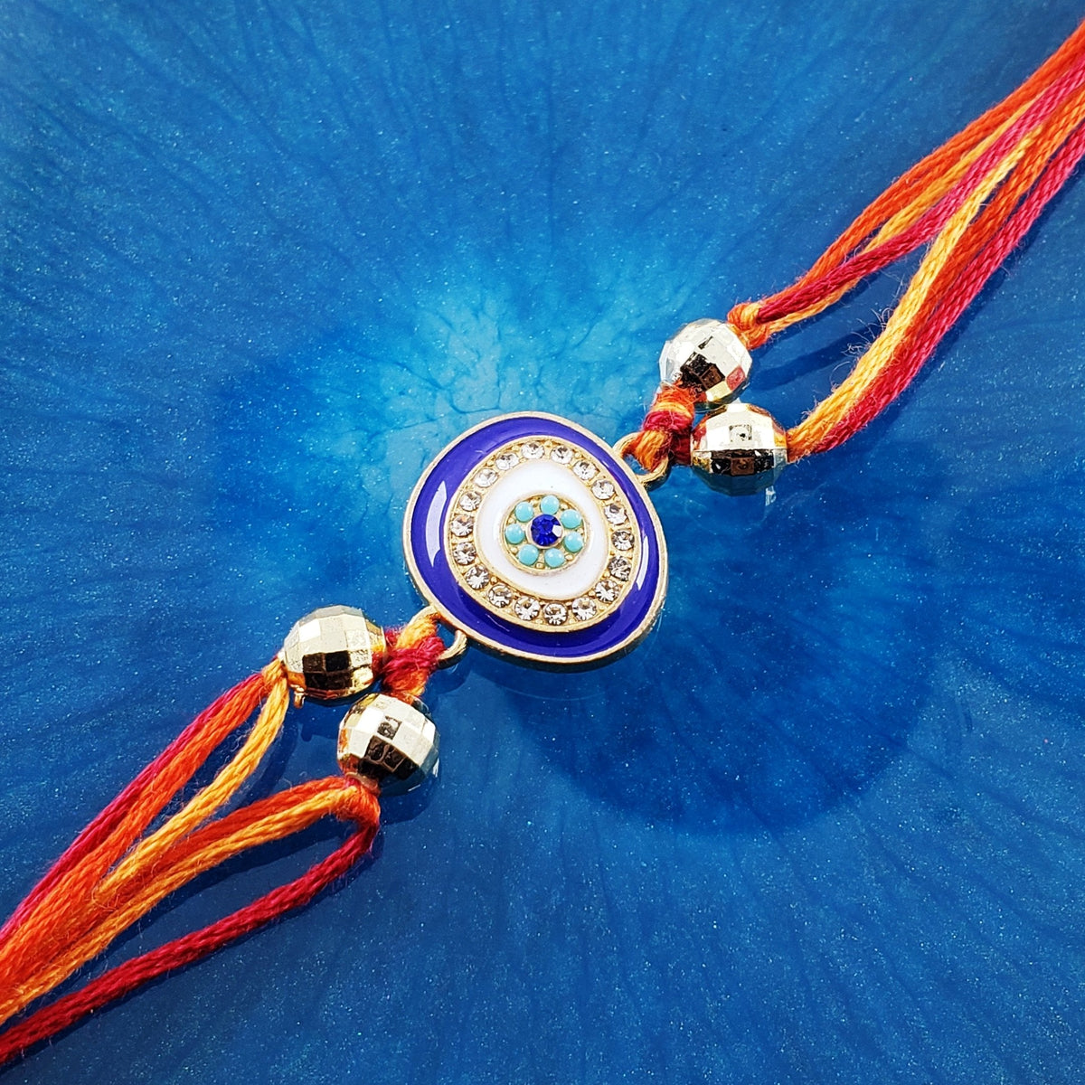 Evil Eye Blue White Cubic Zirconia Thread Rakhi For Men