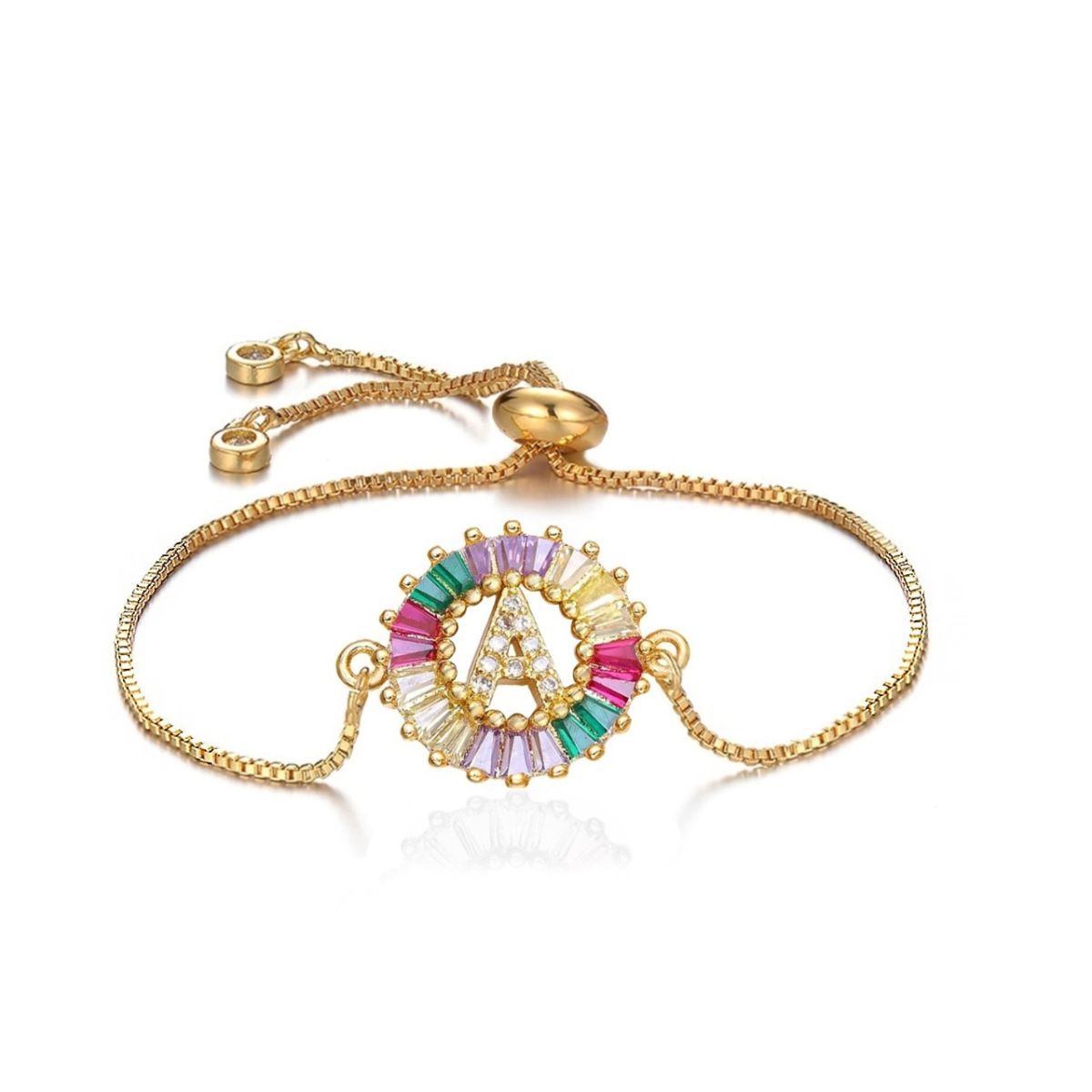 Colourful Rainbow Gold Initial Alphabet Letter Cz Slider Bracelet