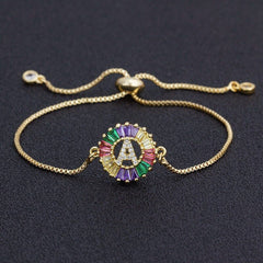 Colourful Rainbow Gold Initial Alphabet Letter Cz Slider Bracelet