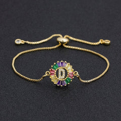 Colourful Rainbow Gold Initial Alphabet Letter Cz Slider Bracelet