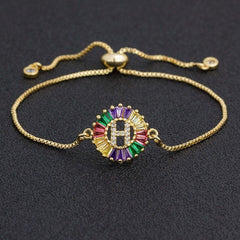Colourful Rainbow Gold Initial Alphabet Letter Cz Slider Bracelet
