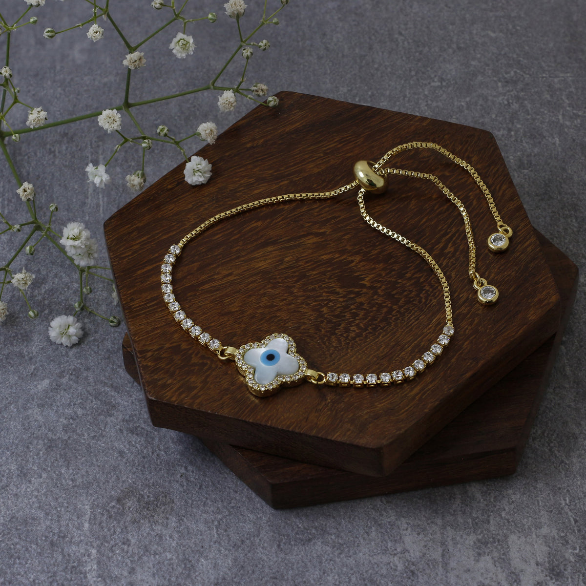 Blue Gold Cubic Zirconia Slider Turkish Evil Eye Bracelet For Women