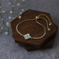 Blue Gold Cubic Zirconia Slider Turkish Evil Eye Bracelet For Women