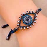Evil eye Copper Blue Black Cubic Zirconia Thread Slider Bracelet Women