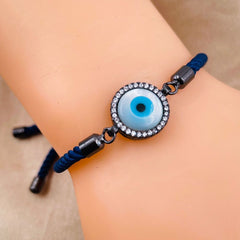 Evil eye Copper Blue Black Cubic Zirconia Mother Of pearl Thread Bracelet Women