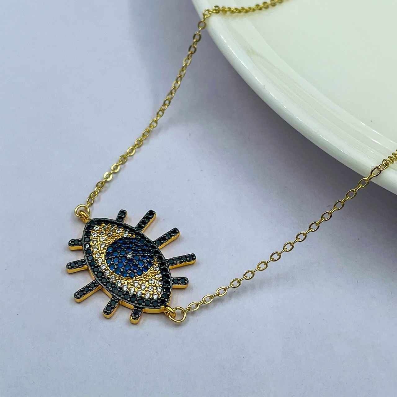 Copper American Diamonds Crystals Blue Black Gold Evil Eye Necklace Pendant Chain For Women Girls