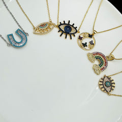 Copper American Diamonds Crystals Blue Black Gold Evil Eye Necklace Pendant Chain For Women Girls