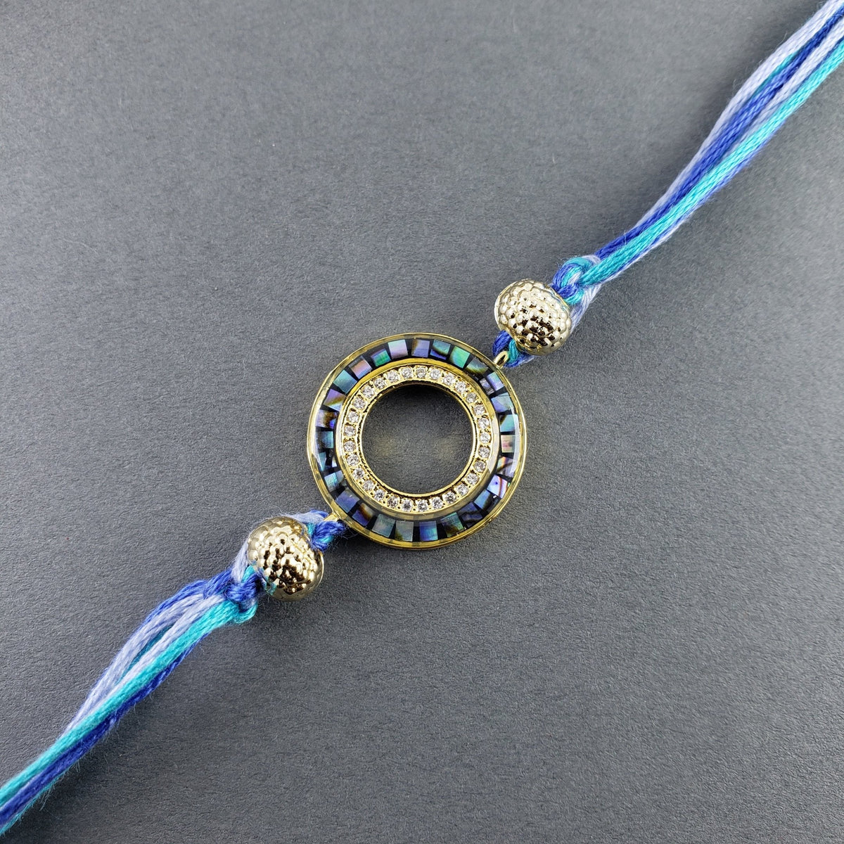 Round Gold Blue Cubic Zirconia Beads Thread Rakhi For Men
