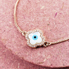 Flower Evil Eye Rose Gold Cubic Zirconia Slider Adjustable Bracelet For Men
