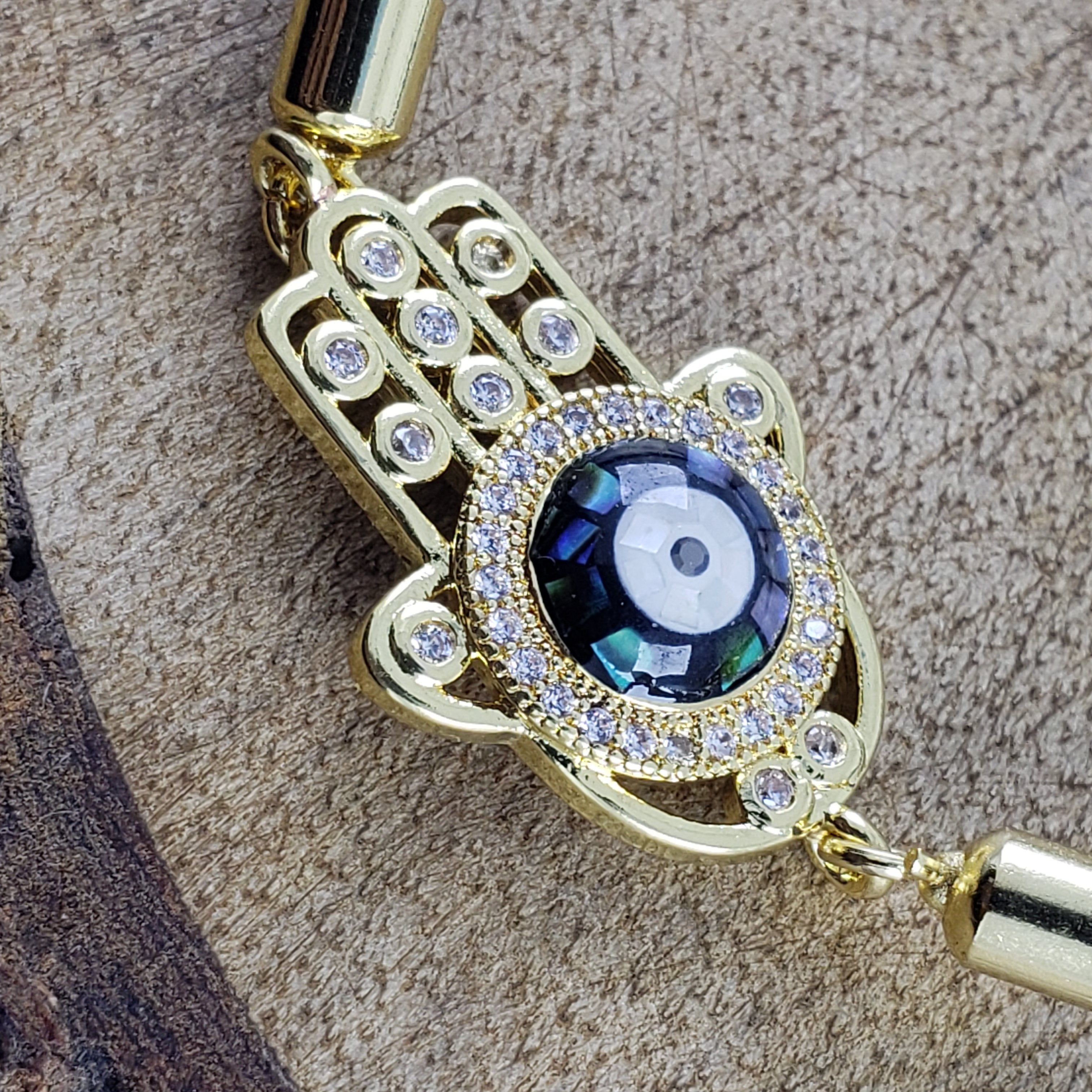 Hamsa Evil Eye American Diamond Gold Blue Thread Bracelet For Women