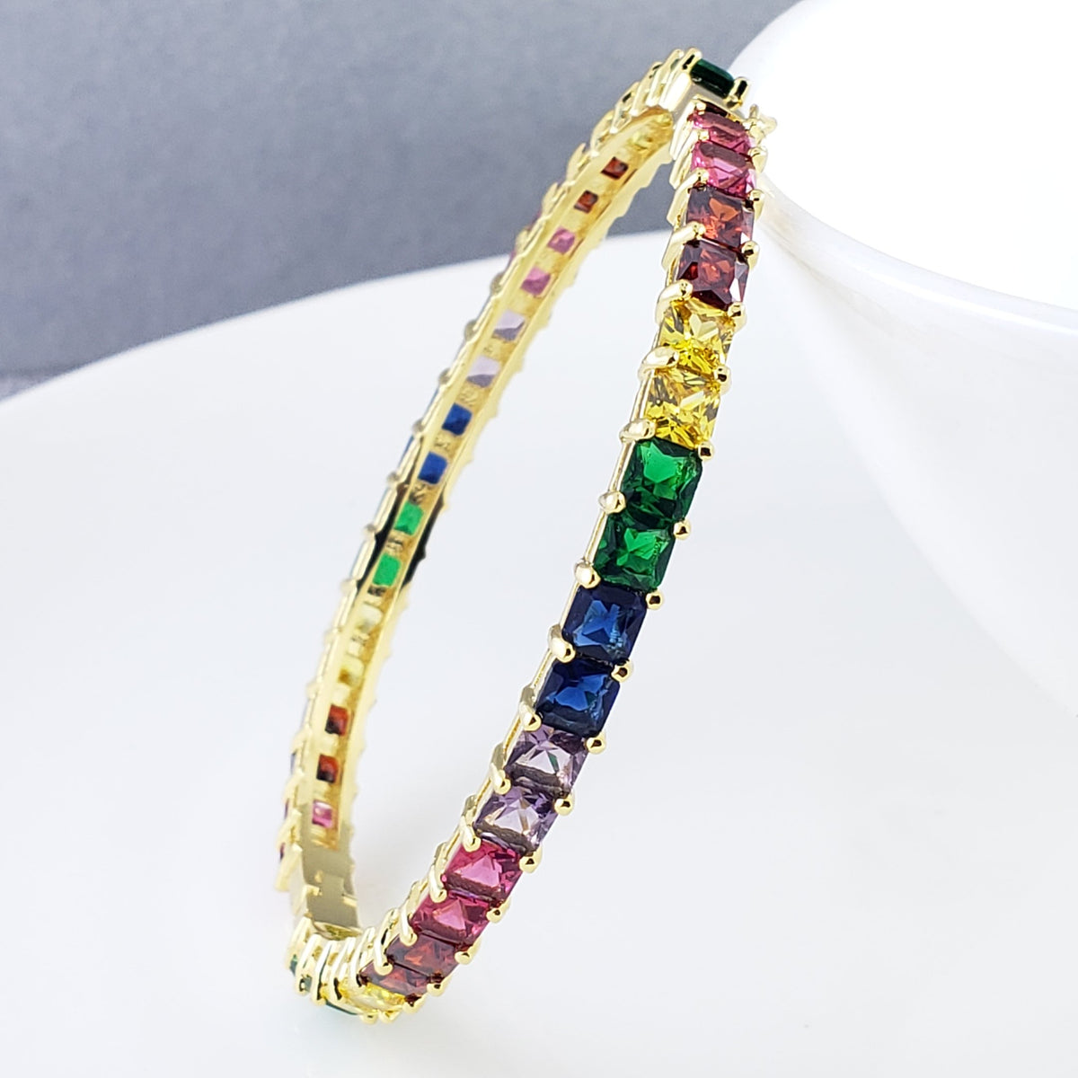 Rainbow Gold Square Crystal Cubic Zirconia Cuff Kada Bangle For Women