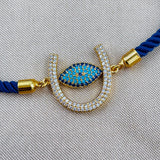 Horse Shoe Evil eye Copper Blue Gold Cubic Zirconia Slider Bracelet Women