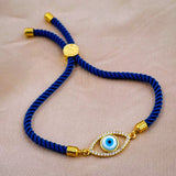 Evil eye Copper Gold Blue Cubic Zirconia Thread Slider Bracelet Women