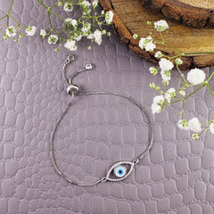 Copper Cubic Zirconia Silver Evil Eye Adjustable Slider Bracelet Women