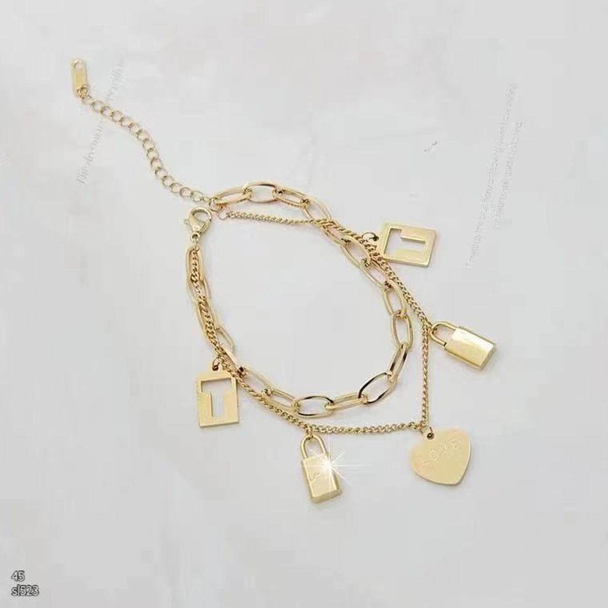 Stainless Steel Gold Lock Heart Link Chain Bracelet Women