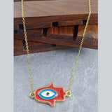 Hamsa Evil Eye Brass Red Enamel Pendant Chain Necklace For Women
