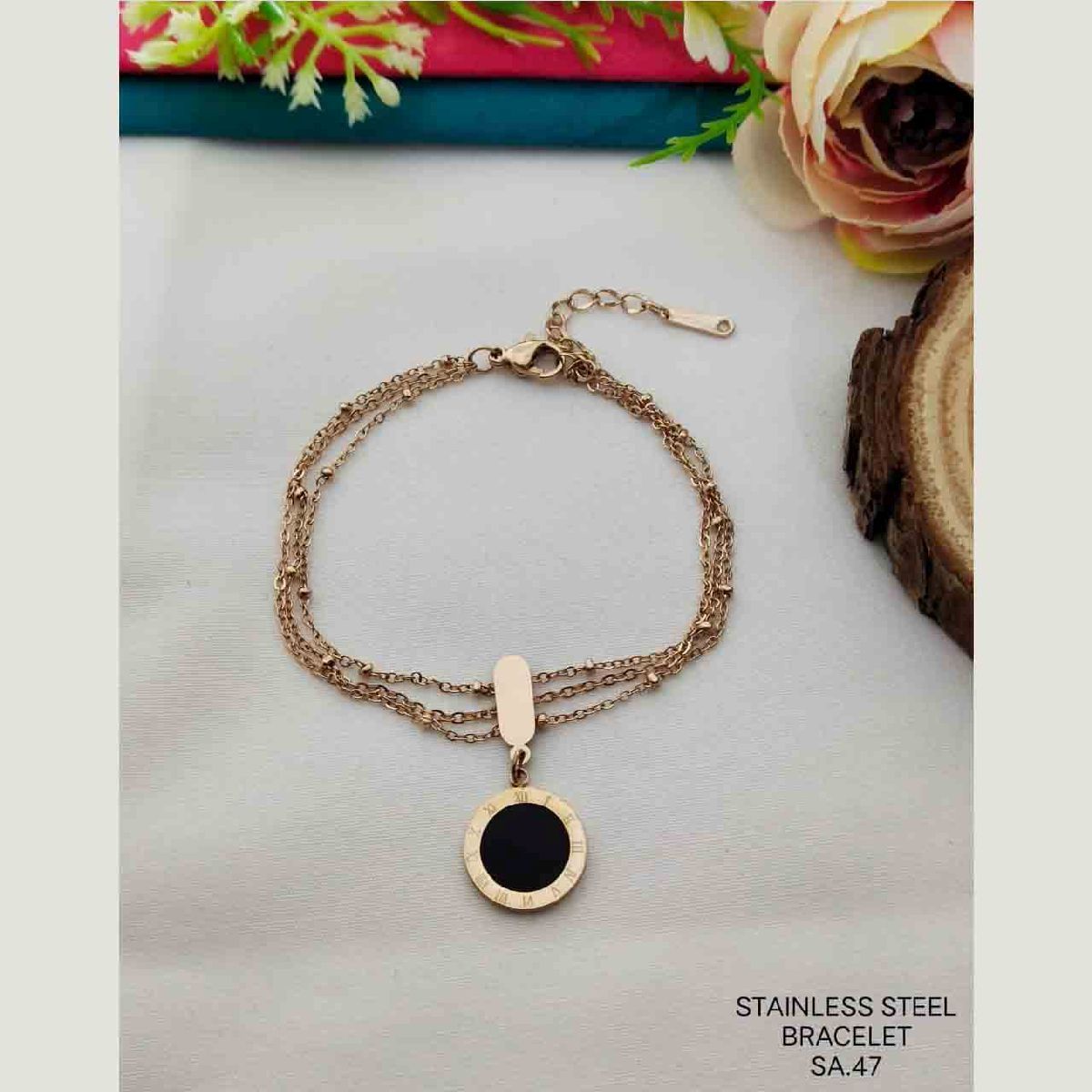 Roman Black Rose Gold Stainless Steel Link Chain Bracelet Women