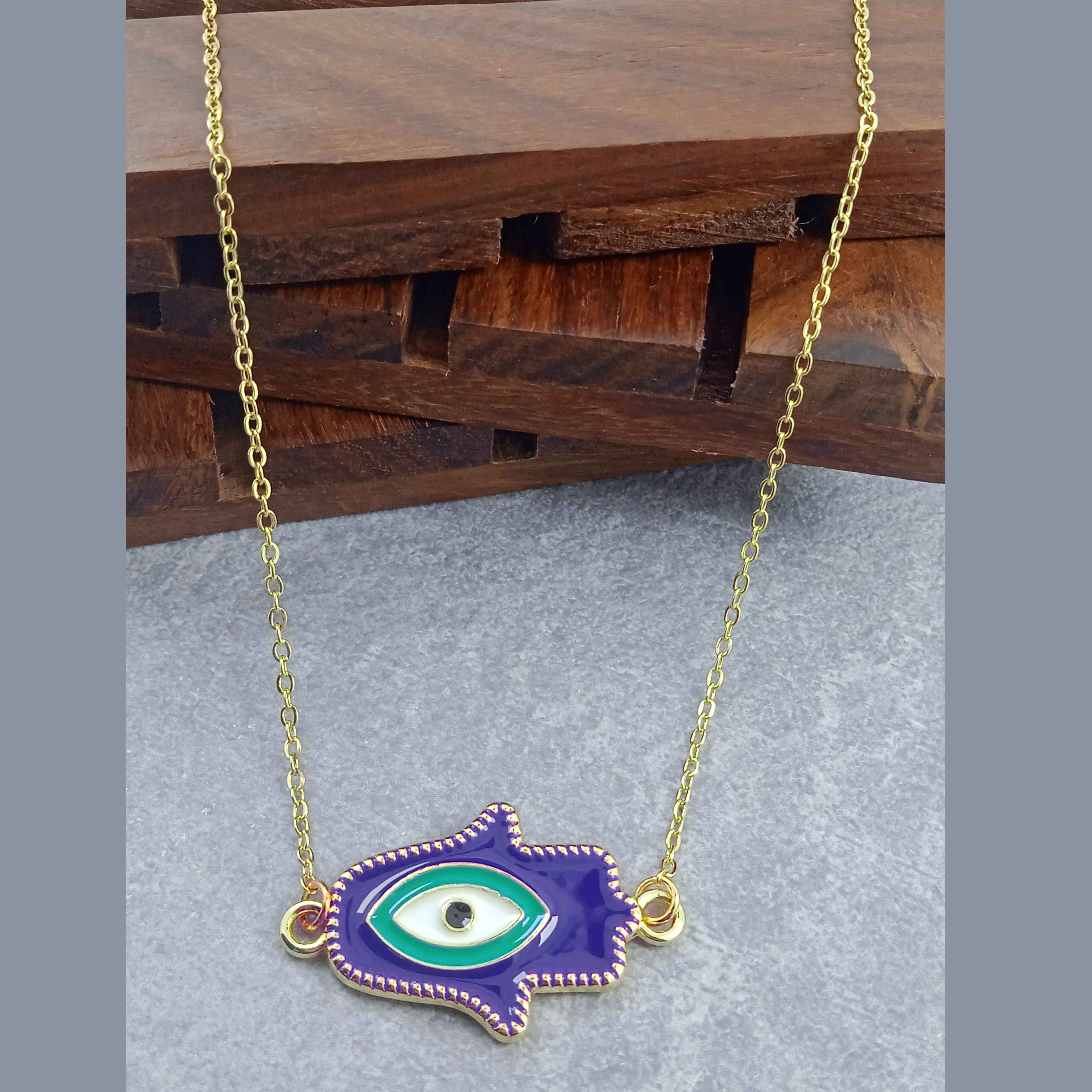 Hamsa Evil Eye Dark Blue Green Gold Necklace Pendant Chain For Women